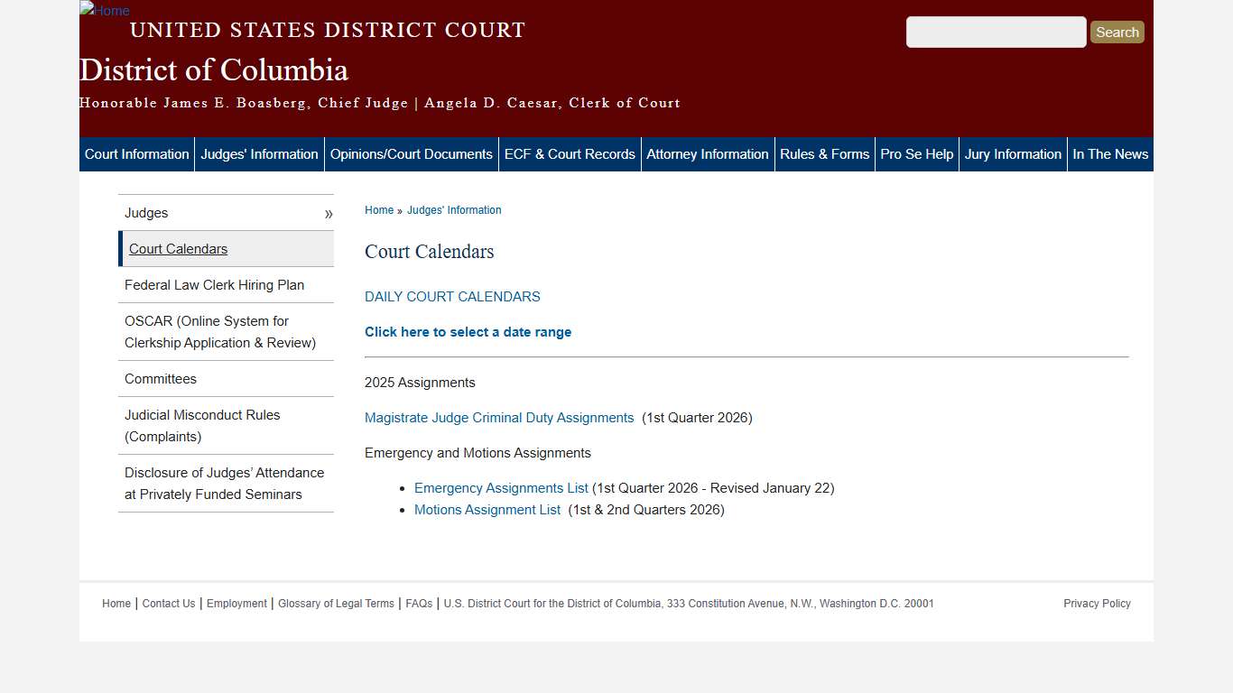 Court Calendars District of Columbia United States District Court